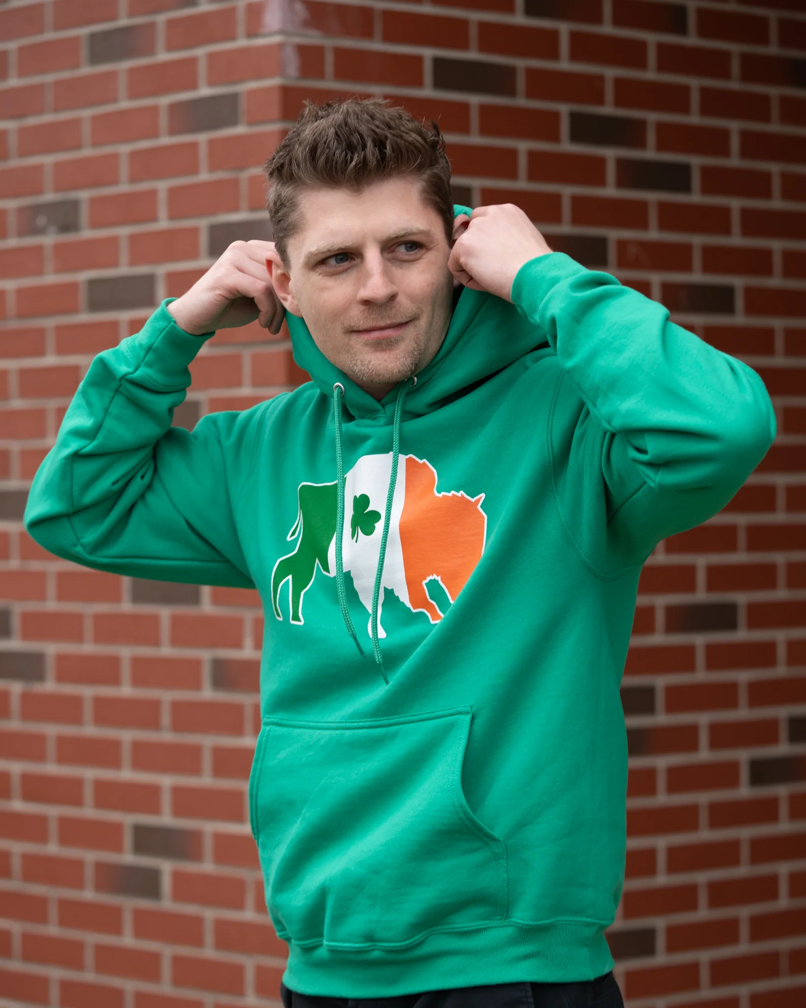 Buffalo With Irish Flag and Clover Green Hoodie - Image 3