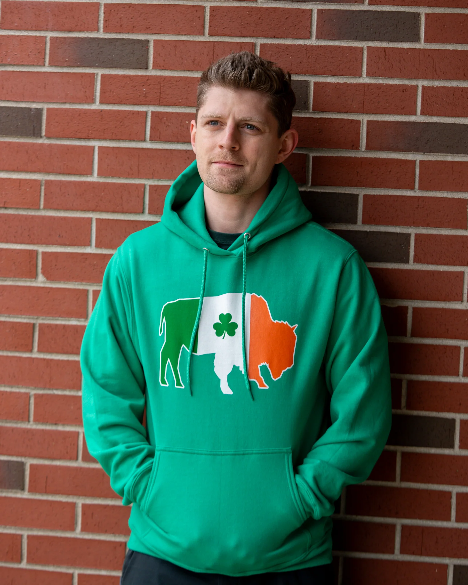 Buffalo With Irish Flag and Clover Green Hoodie - Image 4