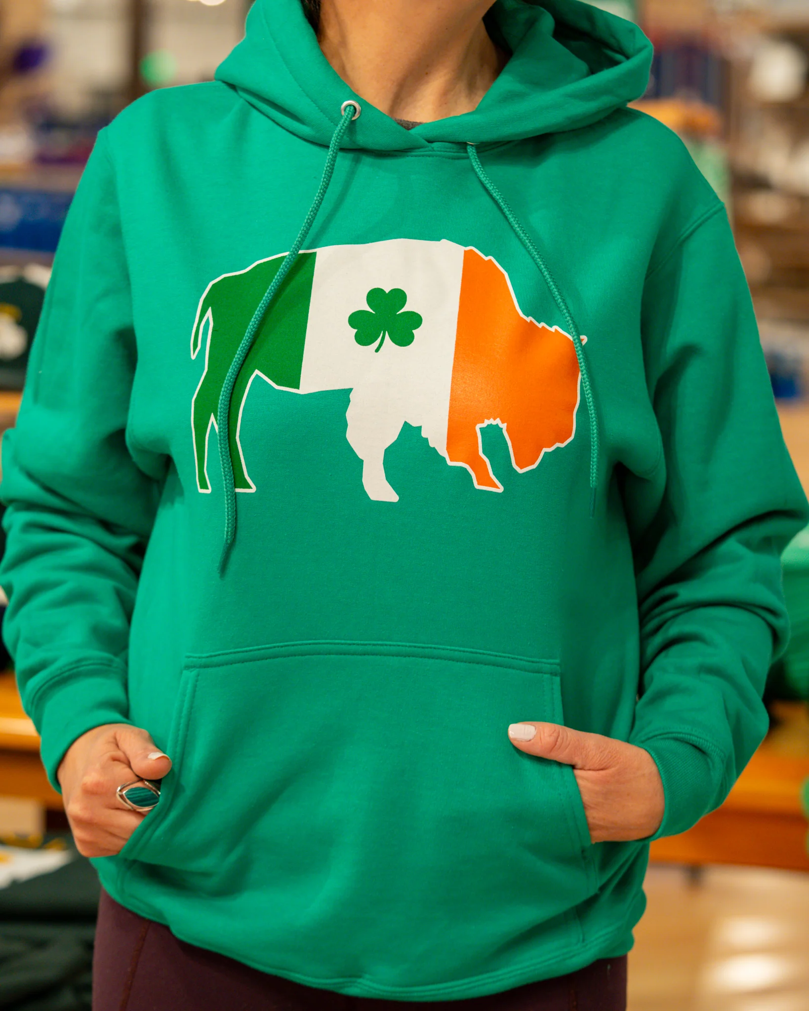 Buffalo With Irish Flag and Clover Green Hoodie - Image 5