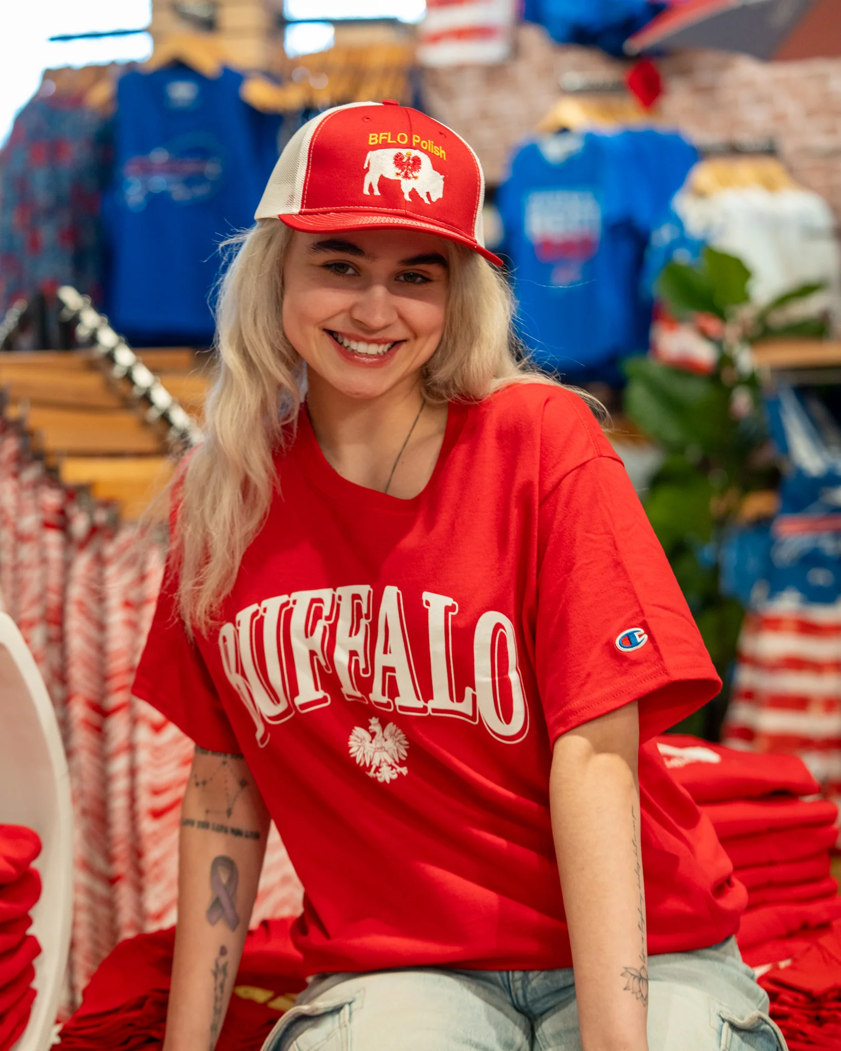 Buffalo with Polish White Eagle Red Short Sleeve T-Shirt - Image 2