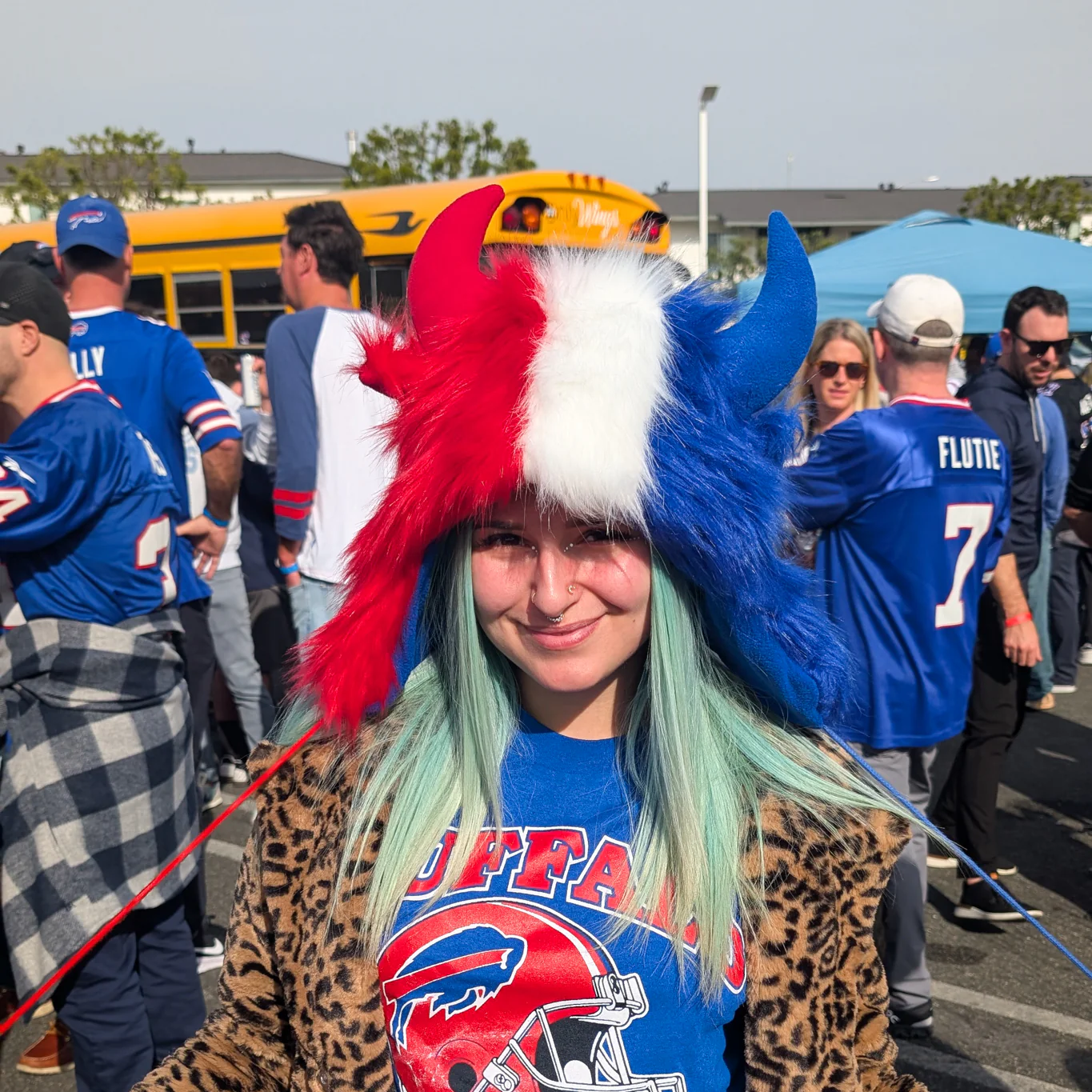 Furry Red, White, & Blue Bison Winter Hat - Image 2