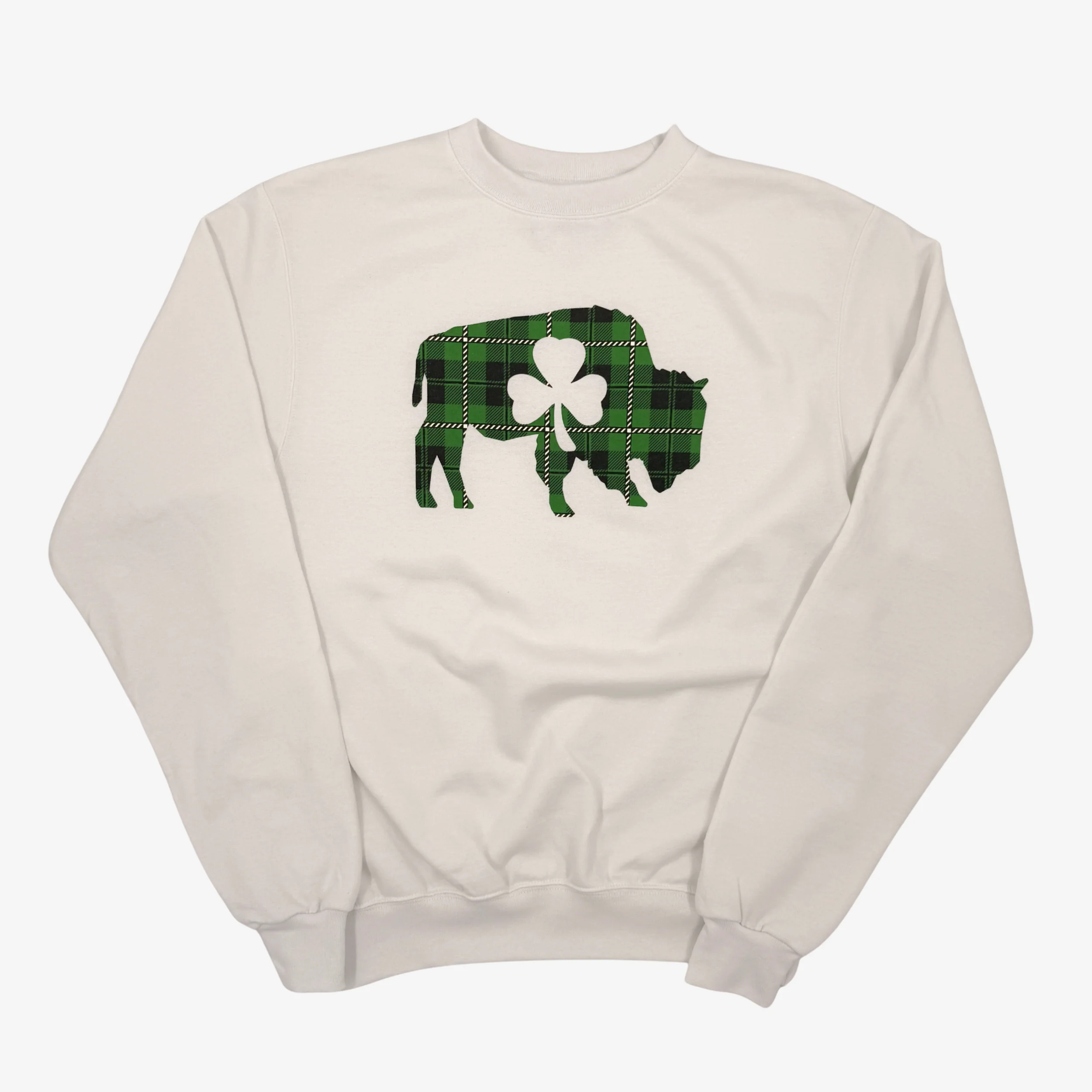Green Plaid Buffalo With Shamrock White Crewneck