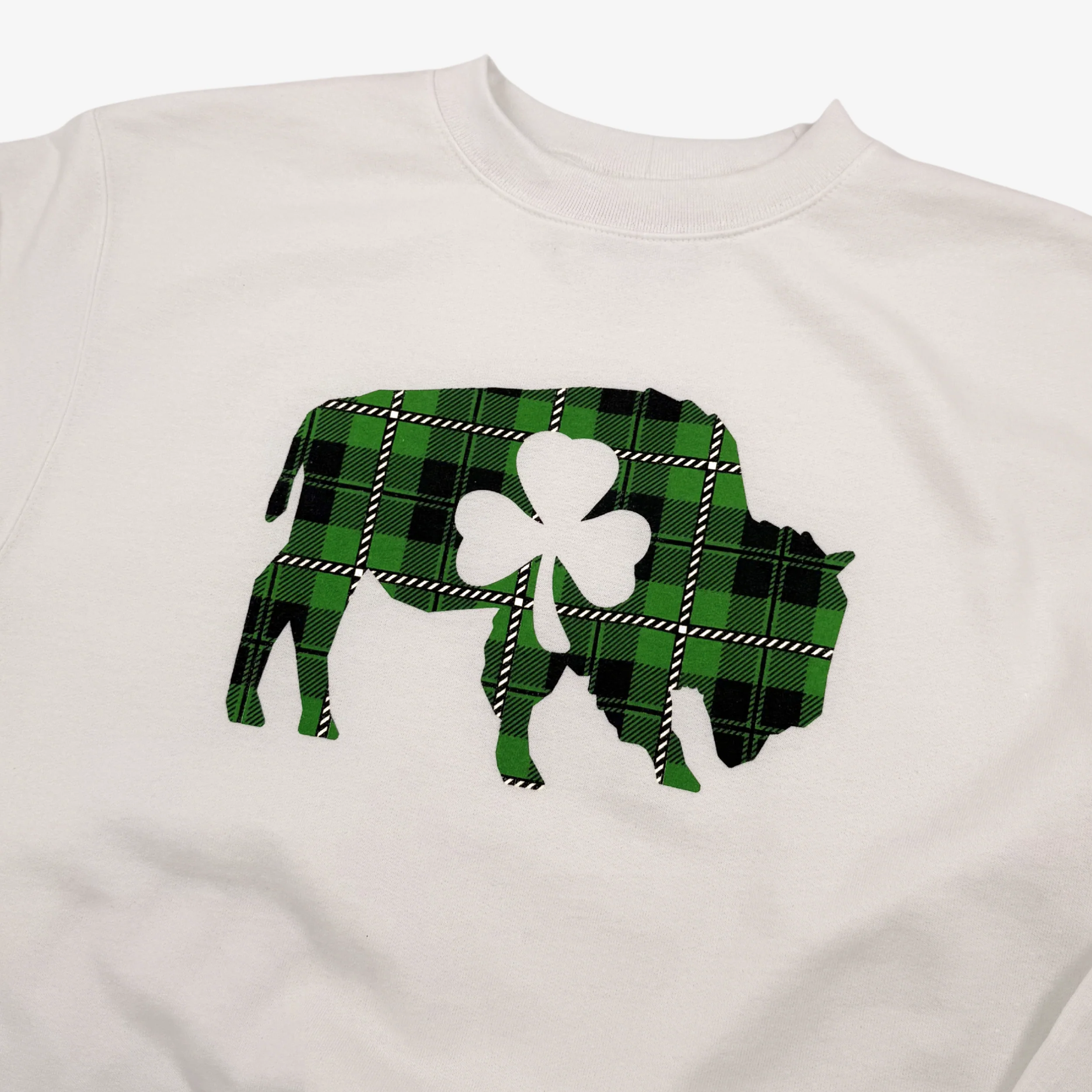Green Plaid Buffalo With Shamrock White Crewneck - Image 2