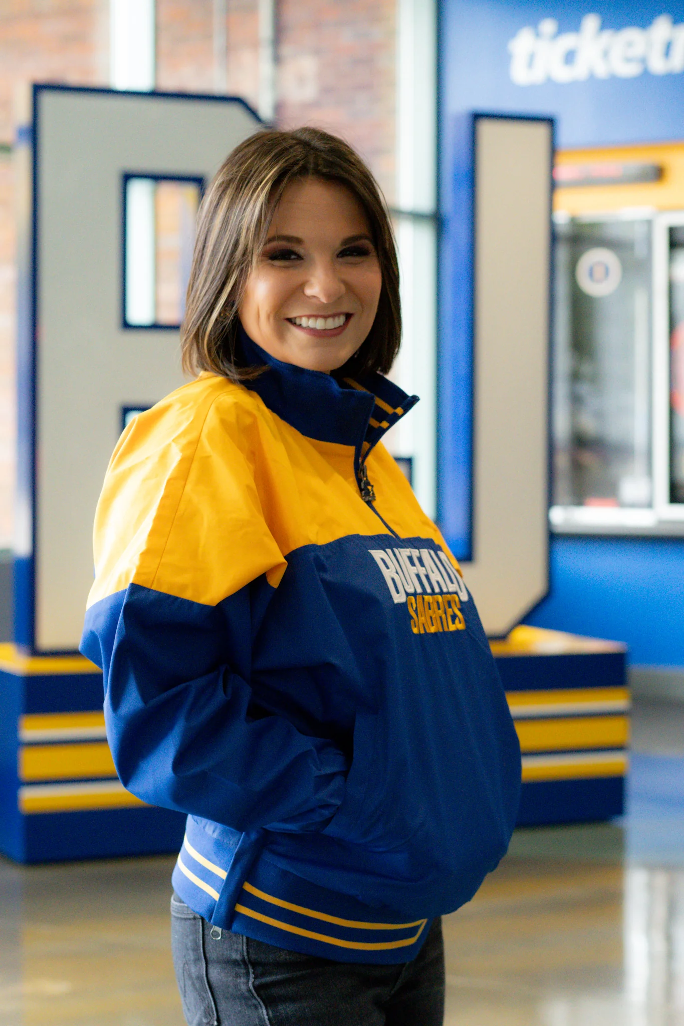 Women's Buffalo Sabres Royal & Gold Quarter Zip Starter Jacket - Image 6