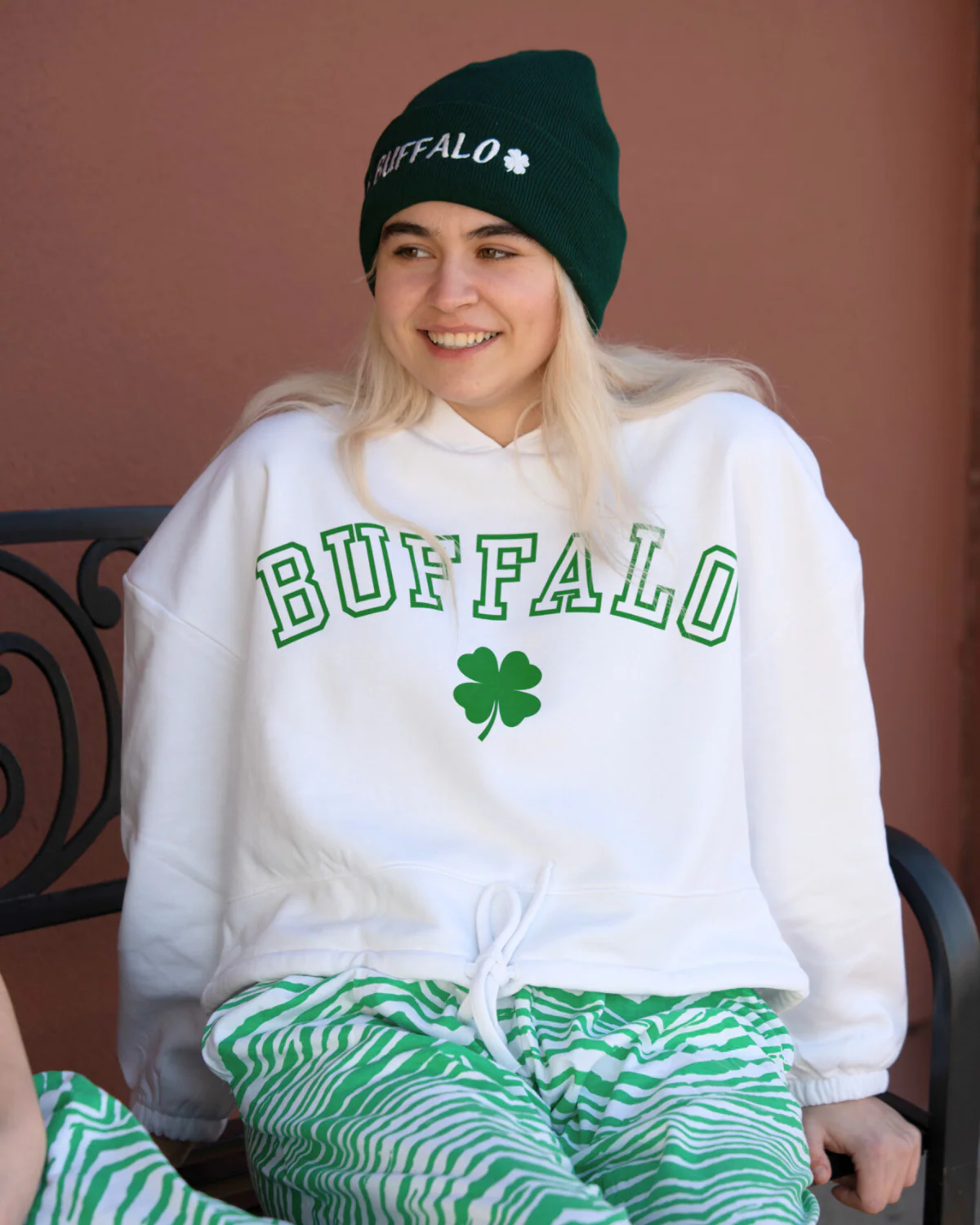 Women's Buffalo With Clover White Cropped Hoodie - Image 2