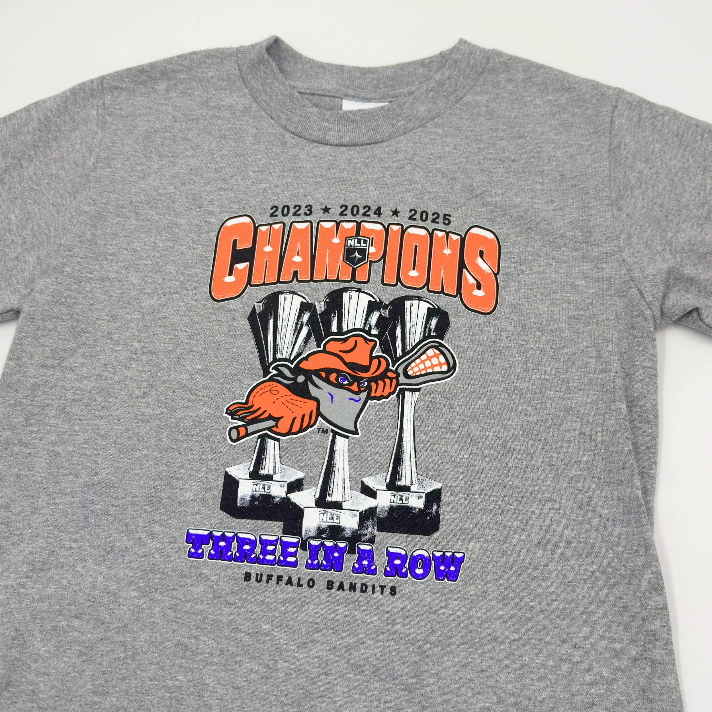 Youth Buffalo Bandits Three In a Row NLL Championship Heather Gray T-Shirt - Image 2